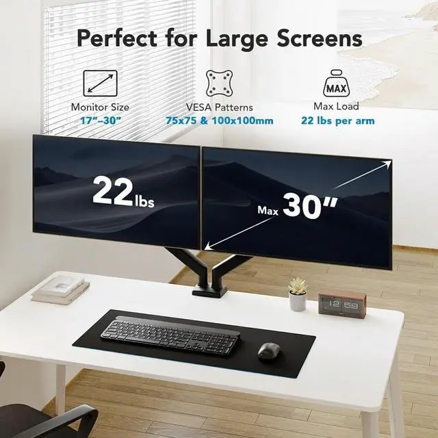 Alt view image 2 of 7 - Dual Monitor Mount for 2 Monitors up to 30 inches, Each Arm Holds Max 22lbs, Dual Monitor Stand with Advanced System, Height-Adjustable/Tilt/Swivel/Rotate, VESA Standard 75mm or 100mm
