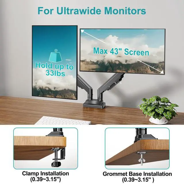 Alt view image 6 of 7 - Dual Monitor Stand for Two Screens up to 43 Inch, Heavy Duty Ultrawide Double Monitor Arm Holds up to 33lbs Each, Premium Adjustable Computer Monitor Mount for 2 Monitors, VESA Desk Mount