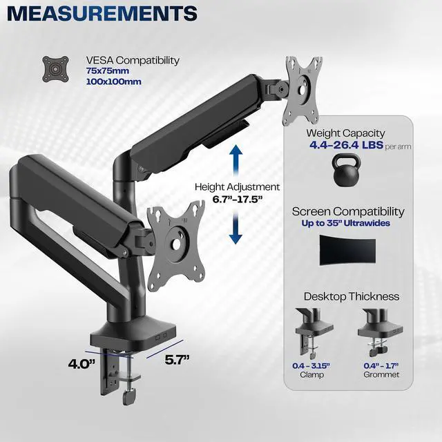 Alt view image 5 of 7 - Dual Pneumatic Arm Ultra-Wide Monitor Mount for up to 35 inch Screens, Holds 26.4 lbs per Arm, Desk Mount Monitor Stand for 2 Ultrawides, Black, STAND-V200O