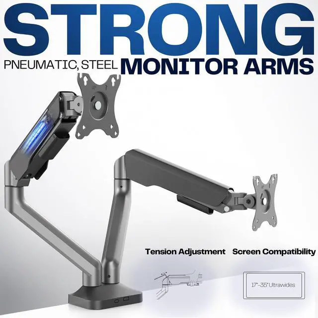 Alt view image 3 of 7 - Dual Pneumatic Arm Ultra-Wide Monitor Mount for up to 35 inch Screens, Holds 26.4 lbs per Arm, Desk Mount Monitor Stand for 2 Ultrawides, Black, STAND-V200O