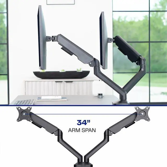 Alt view image 6 of 7 - Dual Pneumatic Arm Ultra-Wide Monitor Mount for up to 35 inch Screens, Holds 26.4 lbs per Arm, Desk Mount Monitor Stand for 2 Ultrawides, Black, STAND-V200O