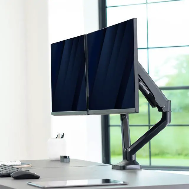 Alt view image 7 of 7 - Dual Pneumatic Arm Ultra-Wide Monitor Mount for up to 35 inch Screens, Holds 26.4 lbs per Arm, Desk Mount Monitor Stand for 2 Ultrawides, Black, STAND-V200O