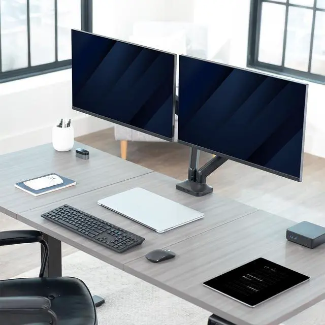 Alt view image 2 of 7 - Dual Pneumatic Arm Ultra-Wide Monitor Mount for up to 35 inch Screens, Holds 26.4 lbs per Arm, Desk Mount Monitor Stand for 2 Ultrawides, Black, STAND-V200O