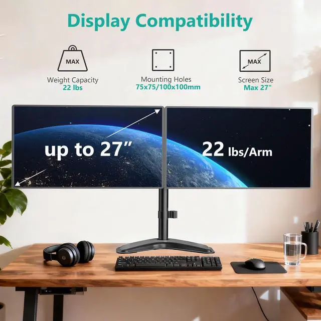 Alt view image 2 of 7 - Dual Monitor Stand, Freestanding Full Motion Monitor Desk Mount Fits 2 Screens up to 27 inches, Dual Monitors Arm Fits up to 22lbs, VESA 75x75 100x100 (MF002LM), Black