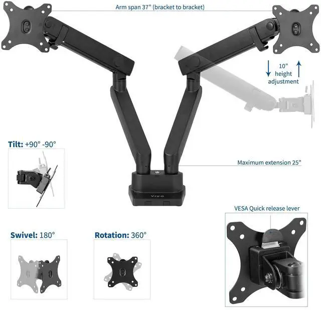 Alt view image 3 of 7 - Premium Aluminum Full Motion Dual Monitor Desk Mount Stand with Lift Engine Arm, Fits Ultrawide Screens up to 35 inches, STAND-V102BB
