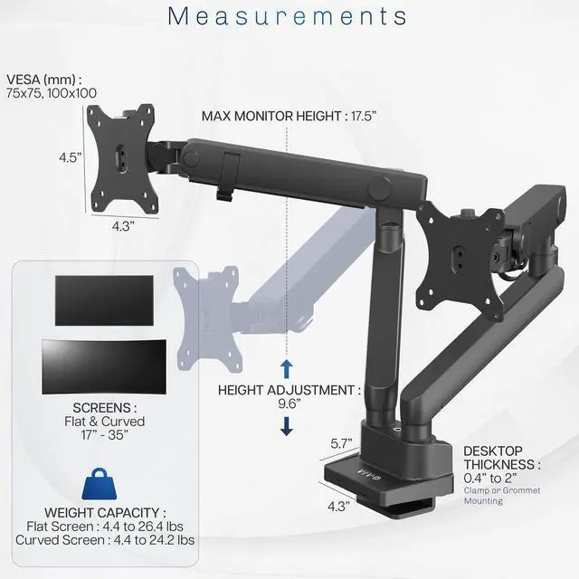 Alt view image 5 of 7 - Premium Aluminum Full Motion Dual Monitor Desk Mount Stand with Lift Engine Arm, Fits Ultrawide Screens up to 35 inches, STAND-V102BB
