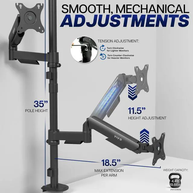 Alt view image 3 of 7 - Dual Monitor Arm Extra Tall Mount for Screens up to 32 inches, Mechanical Height Adjustment, Full Articulating Heavy Duty VESA Stand with Desk C-clamp and Grommet, STAND-V012K
