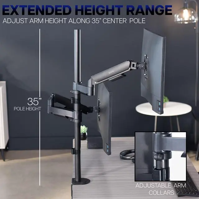 Alt view image 4 of 7 - Dual Monitor Arm Extra Tall Mount for Screens up to 32 inches, Mechanical Height Adjustment, Full Articulating Heavy Duty VESA Stand with Desk C-clamp and Grommet, STAND-V012K
