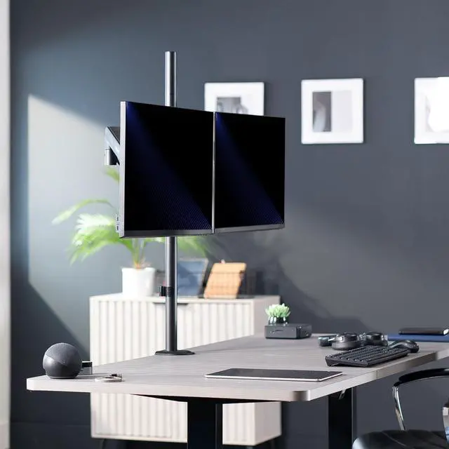Alt view image 2 of 7 - Dual Monitor Arm Extra Tall Mount for Screens up to 32 inches, Mechanical Height Adjustment, Full Articulating Heavy Duty VESA Stand with Desk C-clamp and Grommet, STAND-V012K