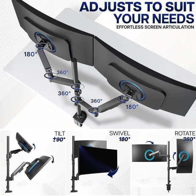 Alt view image 5 of 7 - Dual Monitor Arm Extra Tall Mount for Screens up to 32 inches, Mechanical Height Adjustment, Full Articulating Heavy Duty VESA Stand with Desk C-clamp and Grommet, STAND-V012K