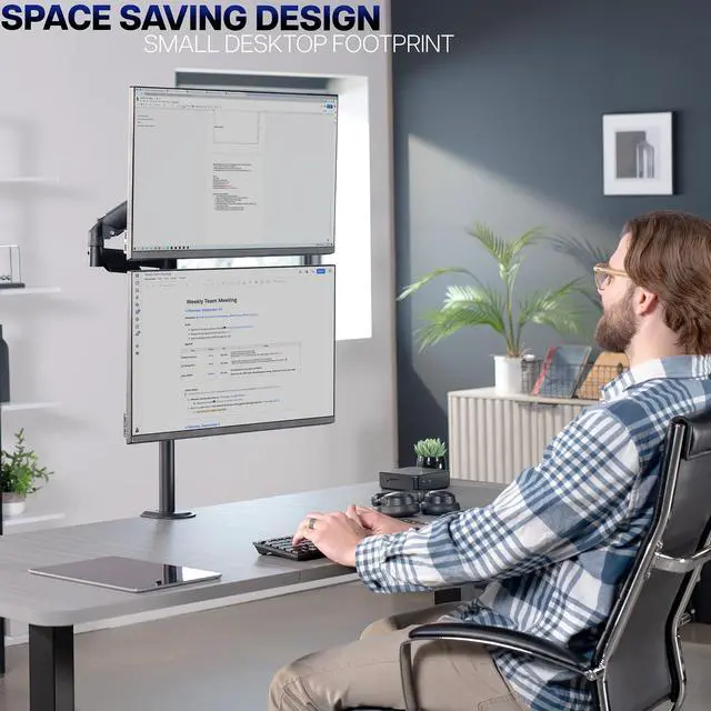 Alt view image 6 of 7 - Dual Monitor Arm Extra Tall Mount for Screens up to 32 inches, Mechanical Height Adjustment, Full Articulating Heavy Duty VESA Stand with Desk C-clamp and Grommet, STAND-V012K
