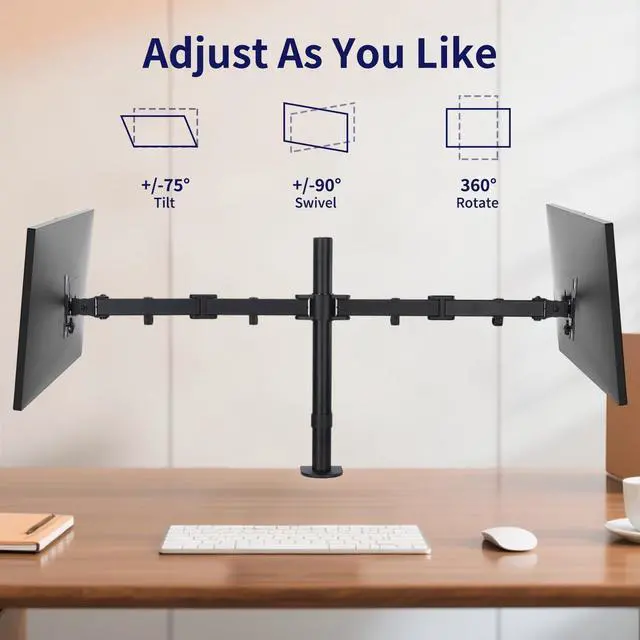 Main image of Dual Monitor Mount, Fully Adjustable Dual Monitor Stand for 13"-27" Screens, Holds Up to 22lbs Per Arm with C-Clamp & Grommet Base
