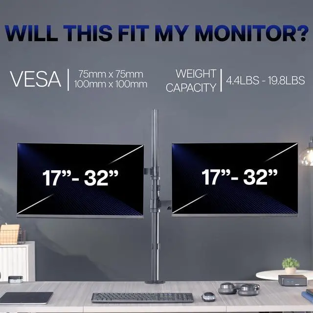 Alt view image 7 of 7 - Dual Monitor Arm Extra Tall Mount for Screens up to 32 inches, Mechanical Height Adjustment, Full Articulating Heavy Duty VESA Stand with Desk C-clamp and Grommet, STAND-V012K