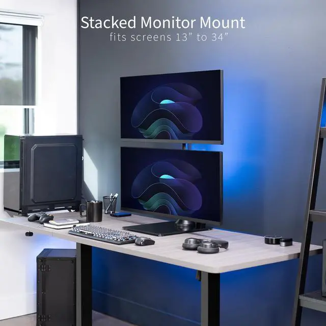 Alt view image 2 of 7 - Dual Monitor Desk Stand with Tempered Glass Base, Free-Standing LCD Mount, Holds in Stacked Vertical Position 2 Ultrawide Screens up to 34 inches, Black, STAND-V002LG