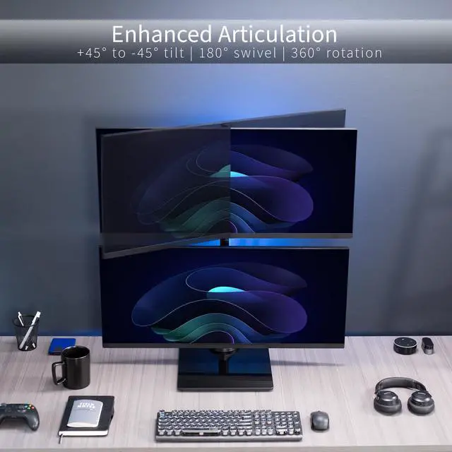Alt view image 4 of 7 - Dual Monitor Desk Stand with Tempered Glass Base, Free-Standing LCD Mount, Holds in Stacked Vertical Position 2 Ultrawide Screens up to 34 inches, Black, STAND-V002LG