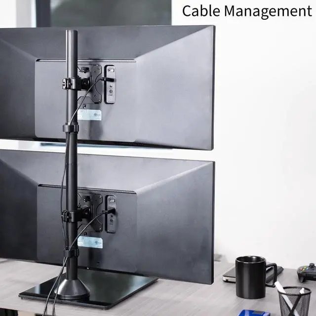 Alt view image 7 of 7 - Dual Monitor Desk Stand with Tempered Glass Base, Free-Standing LCD Mount, Holds in Stacked Vertical Position 2 Ultrawide Screens up to 34 inches, Black, STAND-V002LG