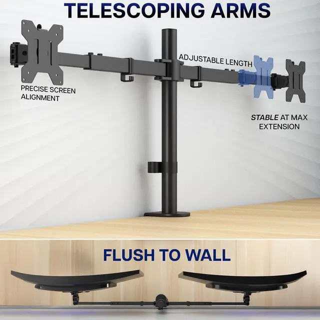 Alt view image 3 of 7 - Premium Dual Ultra Wide LCD LED 27 to 38 inch Monitor Desk Mount, Heavy Duty, Adjustable Telescoping Arms, Flush Wall Setup, Fits 2 Screens, Black, STAND-TS38C
