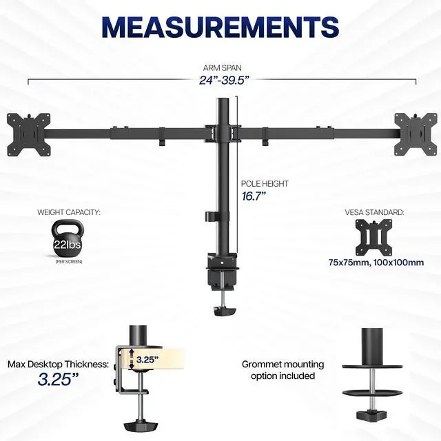 Alt view image 5 of 7 - Premium Dual Ultra Wide LCD LED 27 to 38 inch Monitor Desk Mount, Heavy Duty, Adjustable Telescoping Arms, Flush Wall Setup, Fits 2 Screens, Black, STAND-TS38C
