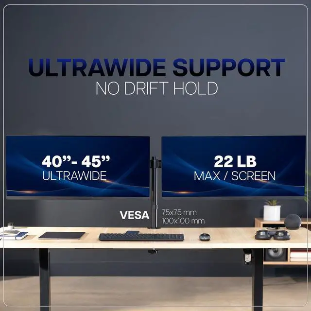 Alt view image 7 of 7 - Premium Dual Ultra Wide LCD LED 27 to 38 inch Monitor Desk Mount, Heavy Duty, Adjustable Telescoping Arms, Flush Wall Setup, Fits 2 Screens, Black, STAND-TS38C