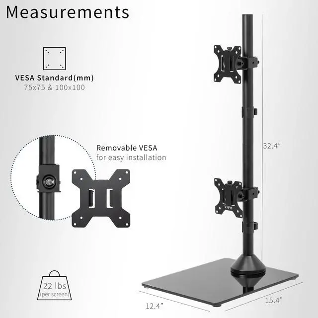 Alt view image 3 of 7 - Dual Monitor Desk Stand with Tempered Glass Base, Free-Standing LCD Mount, Holds in Stacked Vertical Position 2 Ultrawide Screens up to 34 inches, Black, STAND-V002LG