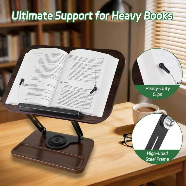 Alt view image 3 of 7 - Book Stand for Reading, 360° Rotating Book Holder for Desk, Heavy Duty Bible Stand with Page Clips, Adjustable Height for Thick Textbooks, Cookbooks, Music Book