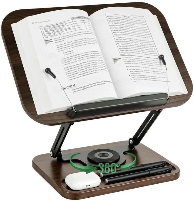 Main image of Book Stand for Reading, 360° Rotating Book Holder for Desk, Heavy Duty Bible Stand with Page Clips, Adjustable Height for Thick Textbooks, Cookbooks, Music Book