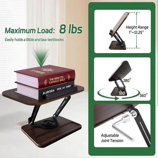 Alt view image 4 of 7 - Book Stand for Reading, 360° Rotating Book Holder for Desk, Heavy Duty Bible Stand with Page Clips, Adjustable Height for Thick Textbooks, Cookbooks, Music Book