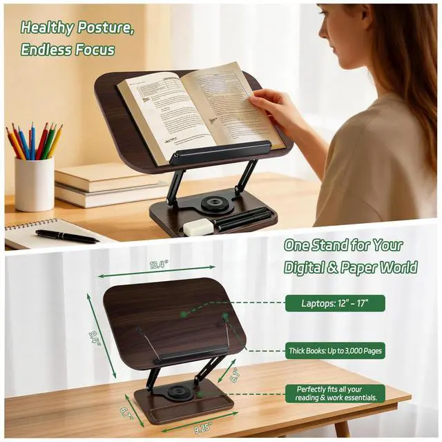 Alt view image 7 of 7 - Book Stand for Reading, 360° Rotating Book Holder for Desk, Heavy Duty Bible Stand with Page Clips, Adjustable Height for Thick Textbooks, Cookbooks, Music Book