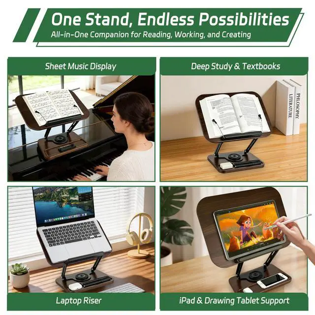 Alt view image 5 of 7 - Book Stand for Reading, 360° Rotating Book Holder for Desk, Heavy Duty Bible Stand with Page Clips, Adjustable Height for Thick Textbooks, Cookbooks, Music Book