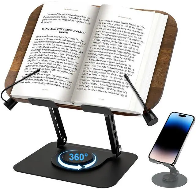 Main image of Book Stand for Reading: Wooden Book Holder with 360° Rotating Metal Base - Adjustable Book Holder Stand with Elastic Clips for Cookbook, Recipe, Magazine, Laptop,Tablet, for Kitchen, Office