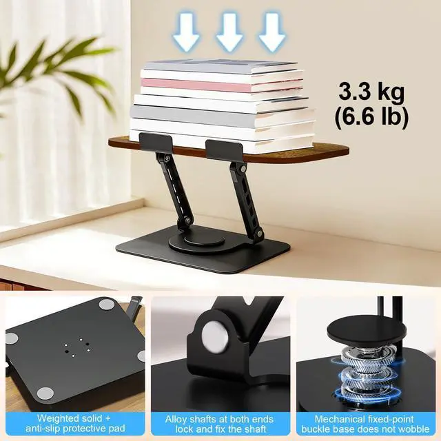 Alt view image 2 of 6 - Book Stand for Reading: Wooden Book Holder with 360° Rotating Metal Base - Adjustable Book Holder Stand with Elastic Clips for Cookbook, Recipe, Magazine, Laptop,Tablet, for Kitchen, Office