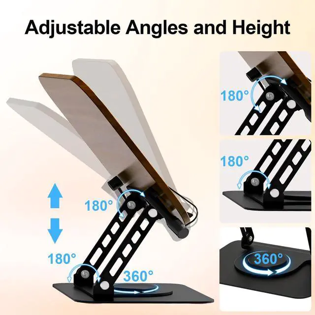 Alt view image 3 of 6 - Book Stand for Reading: Wooden Book Holder with 360° Rotating Metal Base - Adjustable Book Holder Stand with Elastic Clips for Cookbook, Recipe, Magazine, Laptop,Tablet, for Kitchen, Office