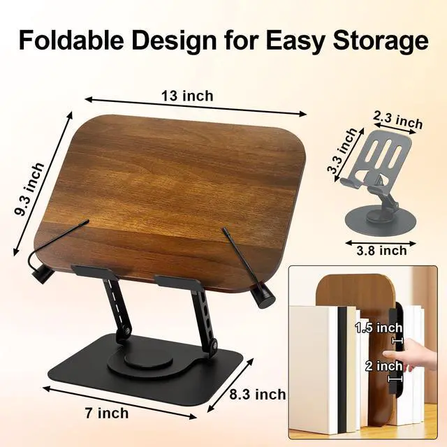 Alt view image 6 of 6 - Book Stand for Reading: Wooden Book Holder with 360° Rotating Metal Base - Adjustable Book Holder Stand with Elastic Clips for Cookbook, Recipe, Magazine, Laptop,Tablet, for Kitchen, Office