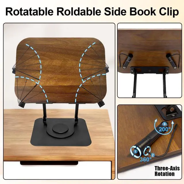 Alt view image 5 of 6 - Book Stand for Reading: Wooden Book Holder with 360° Rotating Metal Base - Adjustable Book Holder Stand with Elastic Clips for Cookbook, Recipe, Magazine, Laptop,Tablet, for Kitchen, Office