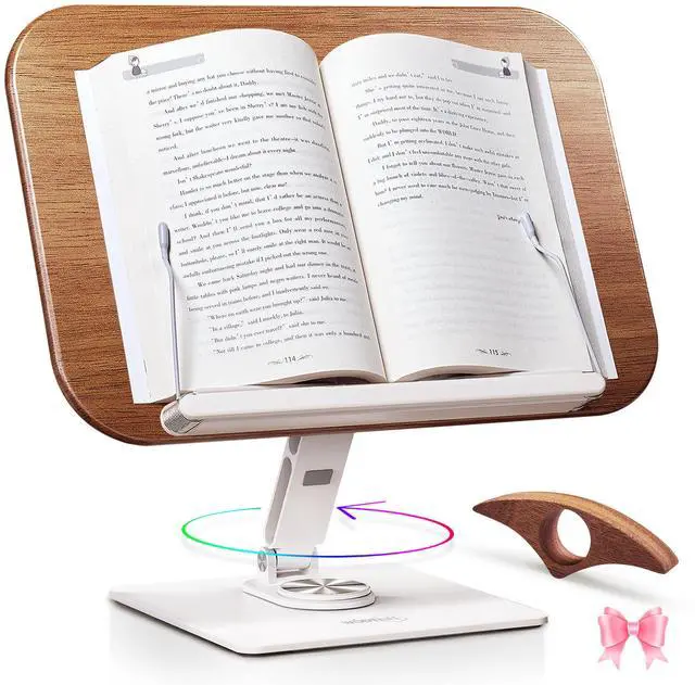 Main image of Book Stand for Reading, Adjustable Ergonomic Book Holder with 360° Rotating Base, Rubberwood Panel Cookbook Stand, Elastic Clips, for Laptop Textbooks Sheet Music Recipe Magazines Tablets.