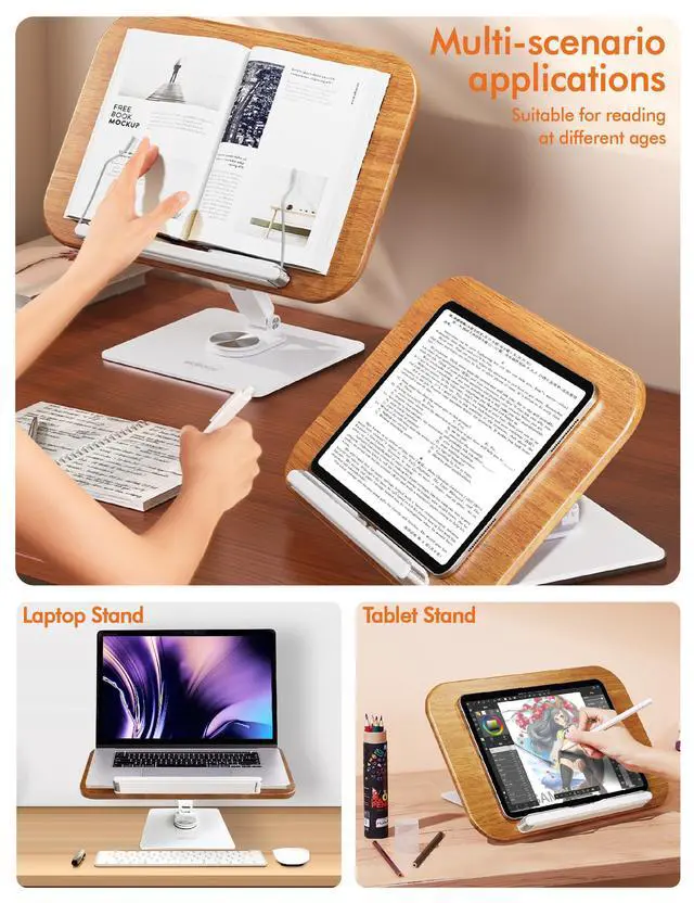 Alt view image 2 of 5 - Book Stand for Reading, Adjustable Ergonomic Book Holder with 360° Rotating Base, Rubberwood Panel Cookbook Stand, Elastic Clips, for Laptop Textbooks Sheet Music Recipe Magazines Tablets.