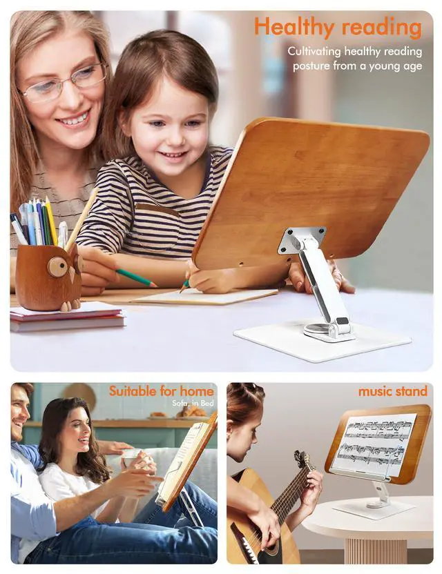 Alt view image 3 of 5 - Book Stand for Reading, Adjustable Ergonomic Book Holder with 360° Rotating Base, Rubberwood Panel Cookbook Stand, Elastic Clips, for Laptop Textbooks Sheet Music Recipe Magazines Tablets.