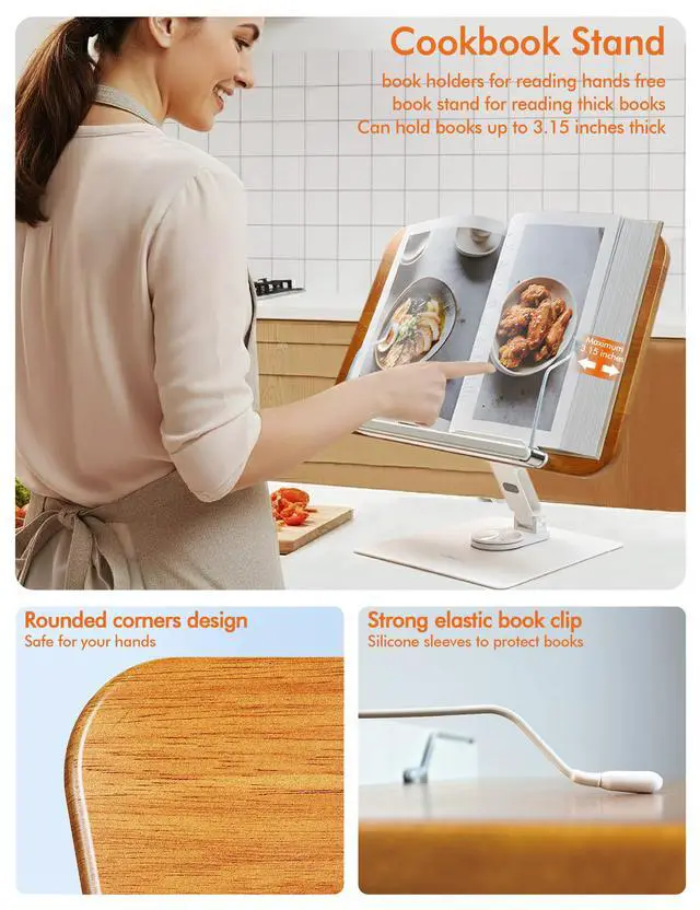 Alt view image 4 of 5 - Book Stand for Reading, Adjustable Ergonomic Book Holder with 360° Rotating Base, Rubberwood Panel Cookbook Stand, Elastic Clips, for Laptop Textbooks Sheet Music Recipe Magazines Tablets.