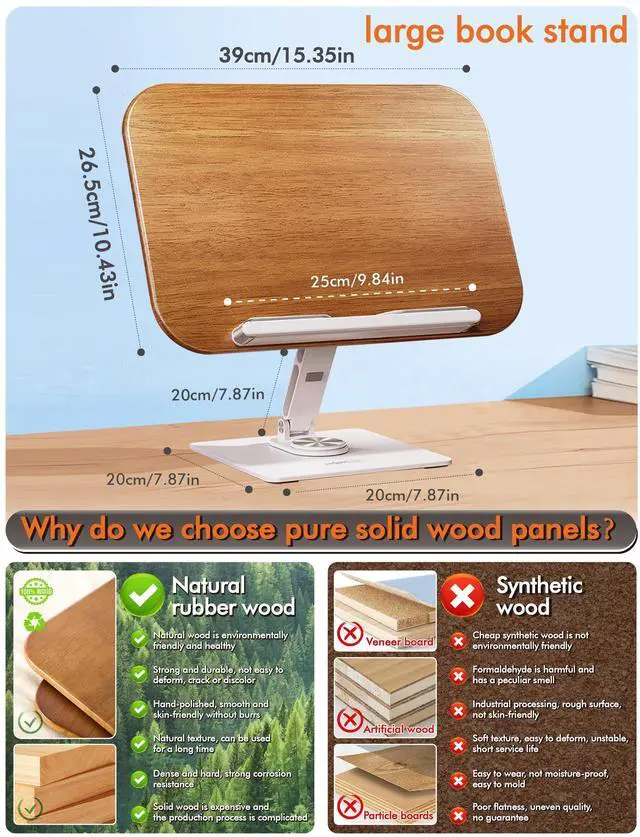 Alt view image 5 of 5 - Book Stand for Reading, Adjustable Ergonomic Book Holder with 360° Rotating Base, Rubberwood Panel Cookbook Stand, Elastic Clips, for Laptop Textbooks Sheet Music Recipe Magazines Tablets.