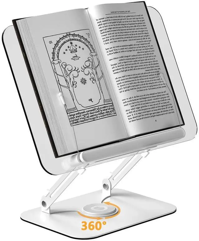 Main image of Acrylic Book Stand with 360° Rotating Base, Adjustable Book Holder with Page Clips, Foldable Desktop Stand for Recipe,Music Scores,Laptop,Tablet,Cookbook,Ergonomic Design