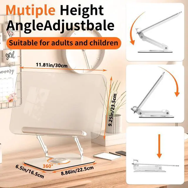 Alt view image 3 of 7 - Acrylic Book Stand with 360° Rotating Base, Adjustable Book Holder with Page Clips, Foldable Desktop Stand for Recipe,Music Scores,Laptop,Tablet,Cookbook,Ergonomic Design