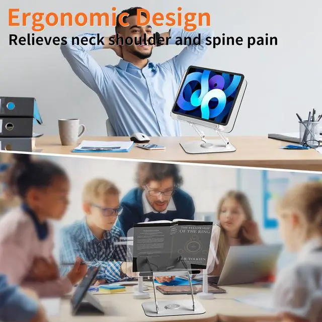 Alt view image 4 of 7 - Acrylic Book Stand with 360° Rotating Base, Adjustable Book Holder with Page Clips, Foldable Desktop Stand for Recipe,Music Scores,Laptop,Tablet,Cookbook,Ergonomic Design