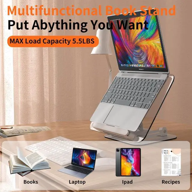 Alt view image 2 of 7 - Acrylic Book Stand with 360° Rotating Base, Adjustable Book Holder with Page Clips, Foldable Desktop Stand for Recipe,Music Scores,Laptop,Tablet,Cookbook,Ergonomic Design