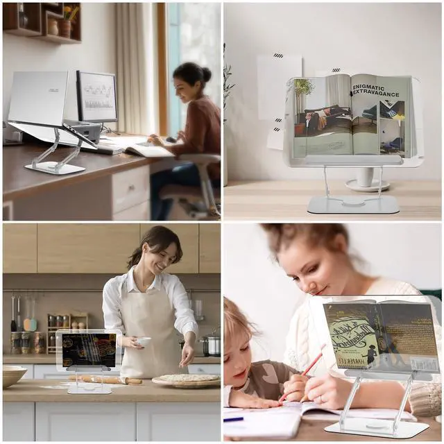 Alt view image 7 of 7 - Acrylic Book Stand with 360° Rotating Base, Adjustable Book Holder with Page Clips, Foldable Desktop Stand for Recipe,Music Scores,Laptop,Tablet,Cookbook,Ergonomic Design