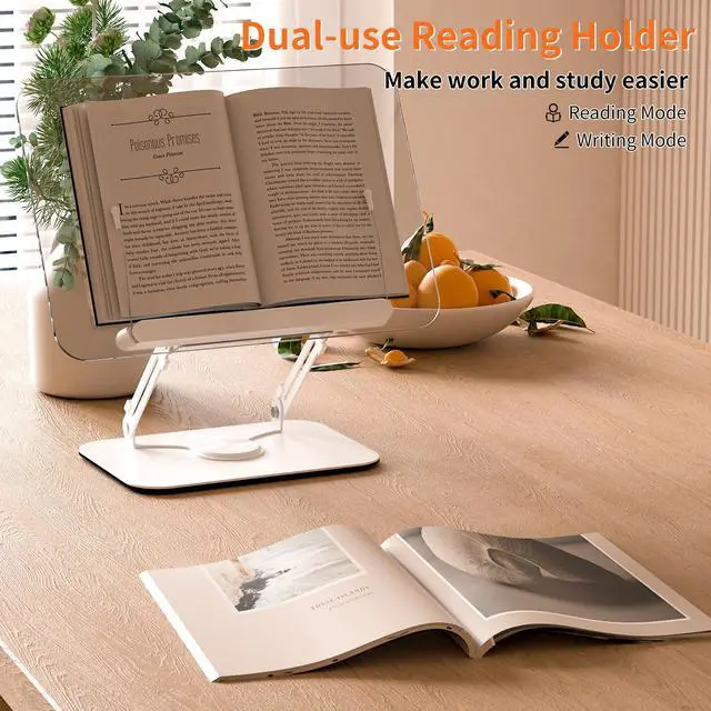 Alt view image 6 of 7 - Acrylic Book Stand with 360° Rotating Base, Adjustable Book Holder with Page Clips, Foldable Desktop Stand for Recipe,Music Scores,Laptop,Tablet,Cookbook,Ergonomic Design