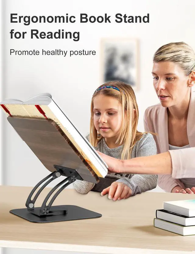Alt view image 2 of 7 - Book Stand for Reading, Adjustable Book Holder with 360° Swivel Base, Foldable Cookbook Stand Recipe Book Holder with Elastic Page Clips for Music Scores, Recipe, Tablet, Laptop-Black