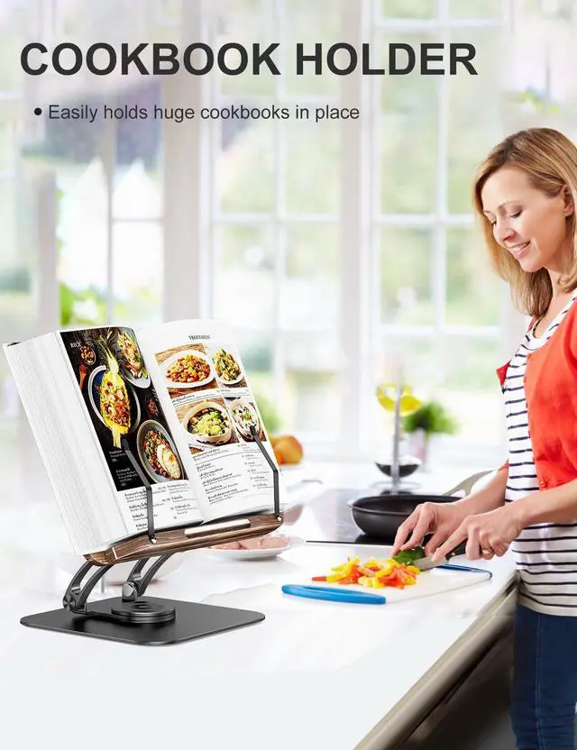 Alt view image 3 of 7 - Book Stand for Reading, Adjustable Book Holder with 360° Swivel Base, Foldable Cookbook Stand Recipe Book Holder with Elastic Page Clips for Music Scores, Recipe, Tablet, Laptop-Black