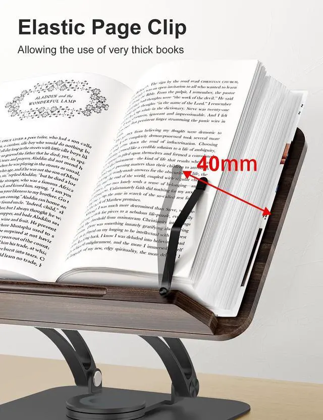 Alt view image 4 of 7 - Book Stand for Reading, Adjustable Book Holder with 360° Swivel Base, Foldable Cookbook Stand Recipe Book Holder with Elastic Page Clips for Music Scores, Recipe, Tablet, Laptop-Black