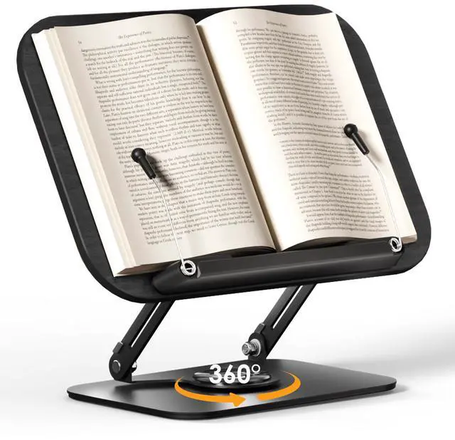 Main image of Book Stand for Reading, Adjustable Book Holder with 360° Rotating Bases, Foldable Designs, and Elastic Clips, Multifunctional Display Stand for Recipe, Cookbooks, Magazines, Tablets, Laptops