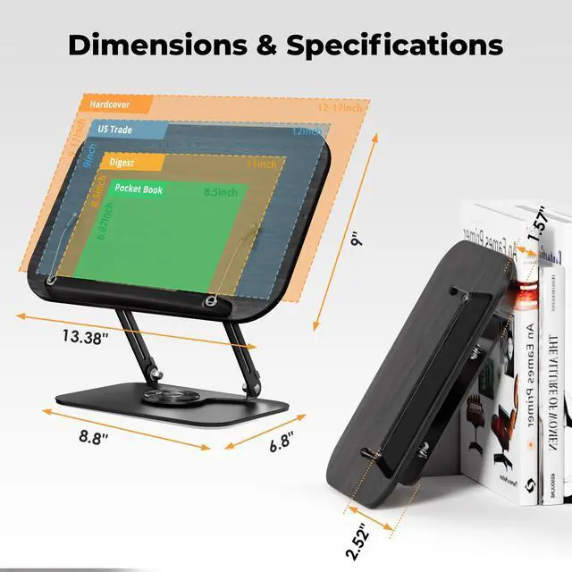 Alt view image 6 of 7 - Book Stand for Reading, Adjustable Book Holder with 360° Rotating Bases, Foldable Designs, and Elastic Clips, Multifunctional Display Stand for Recipe, Cookbooks, Magazines, Tablets, Laptops